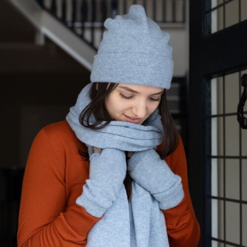 Winter Warmer Women's Blue Cashmere Hat and Gloves Set