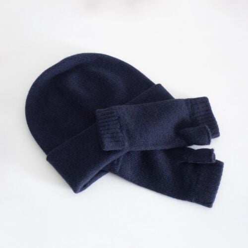 Winter Warmer Women's Navy Cashmere Hat and Gloves Set