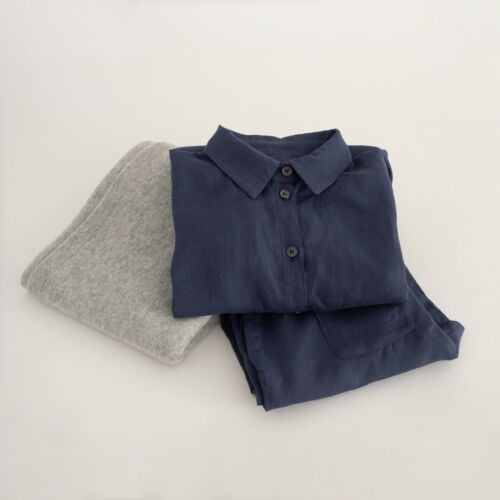 North Star Navy Linen Loungewear and Grey Cashmere Wrap