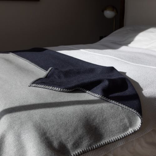 Rannoch Navy/Silver Grey Merino and Cashmere Reversible Blanket Stitch Throw