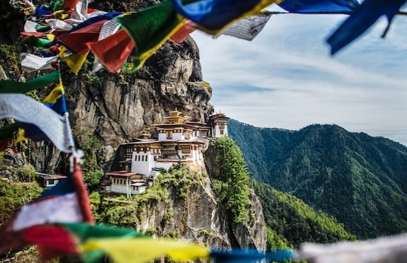 Bhutan with prayer flags in foreground
