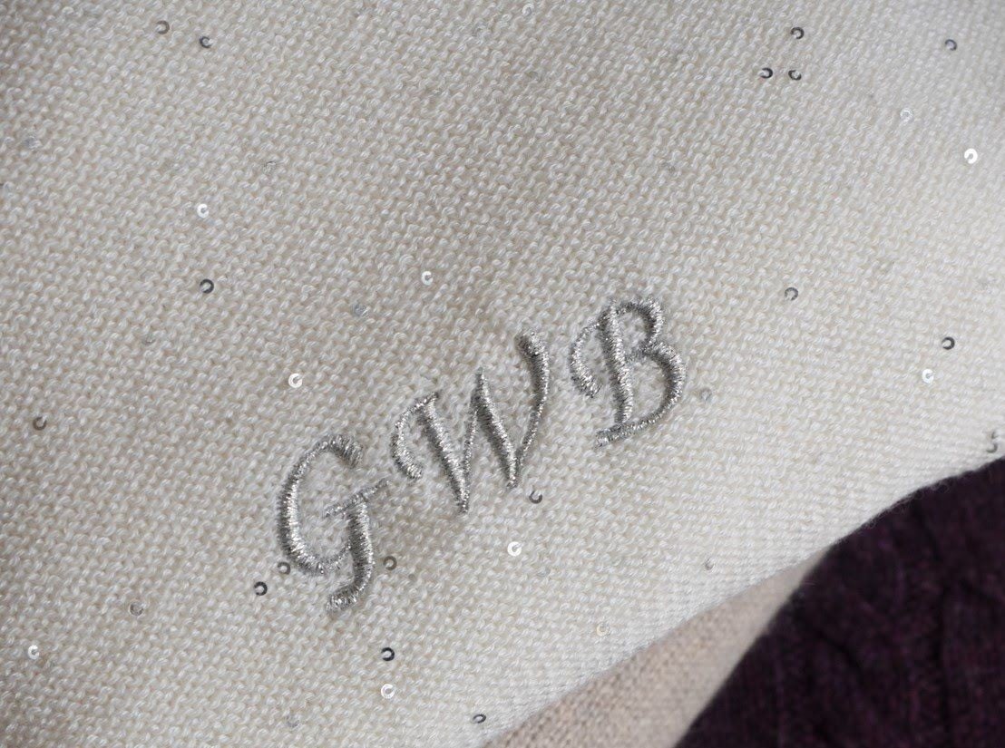 monogram on white cashmere shawl wrap